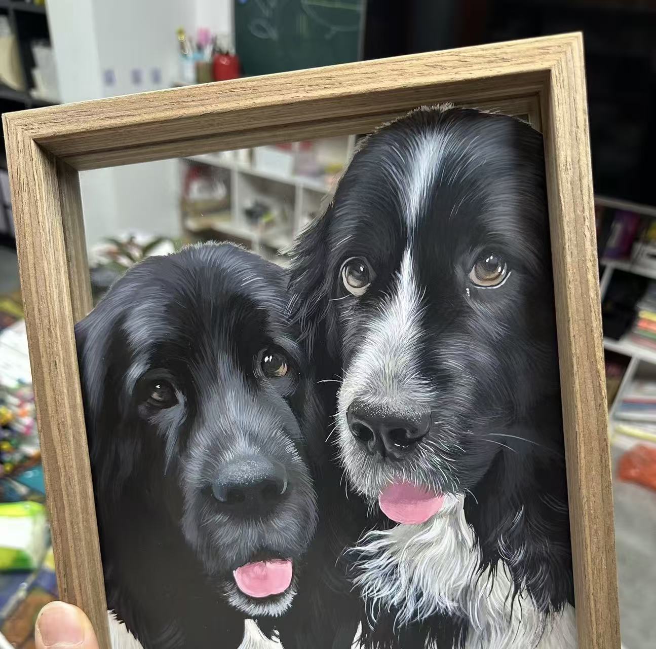 Hand-Painted Pet Portrait on Glass with Wooden Frame-Two Pets
