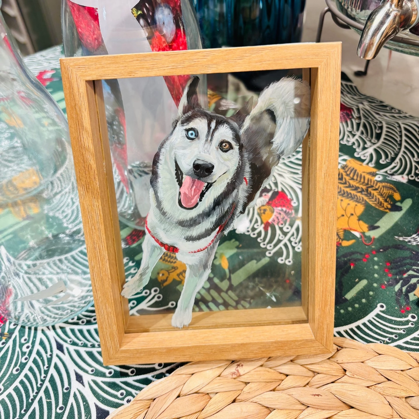 Hand-Painted Pet Portrait on Glass with Wooden Frame-One Pet
