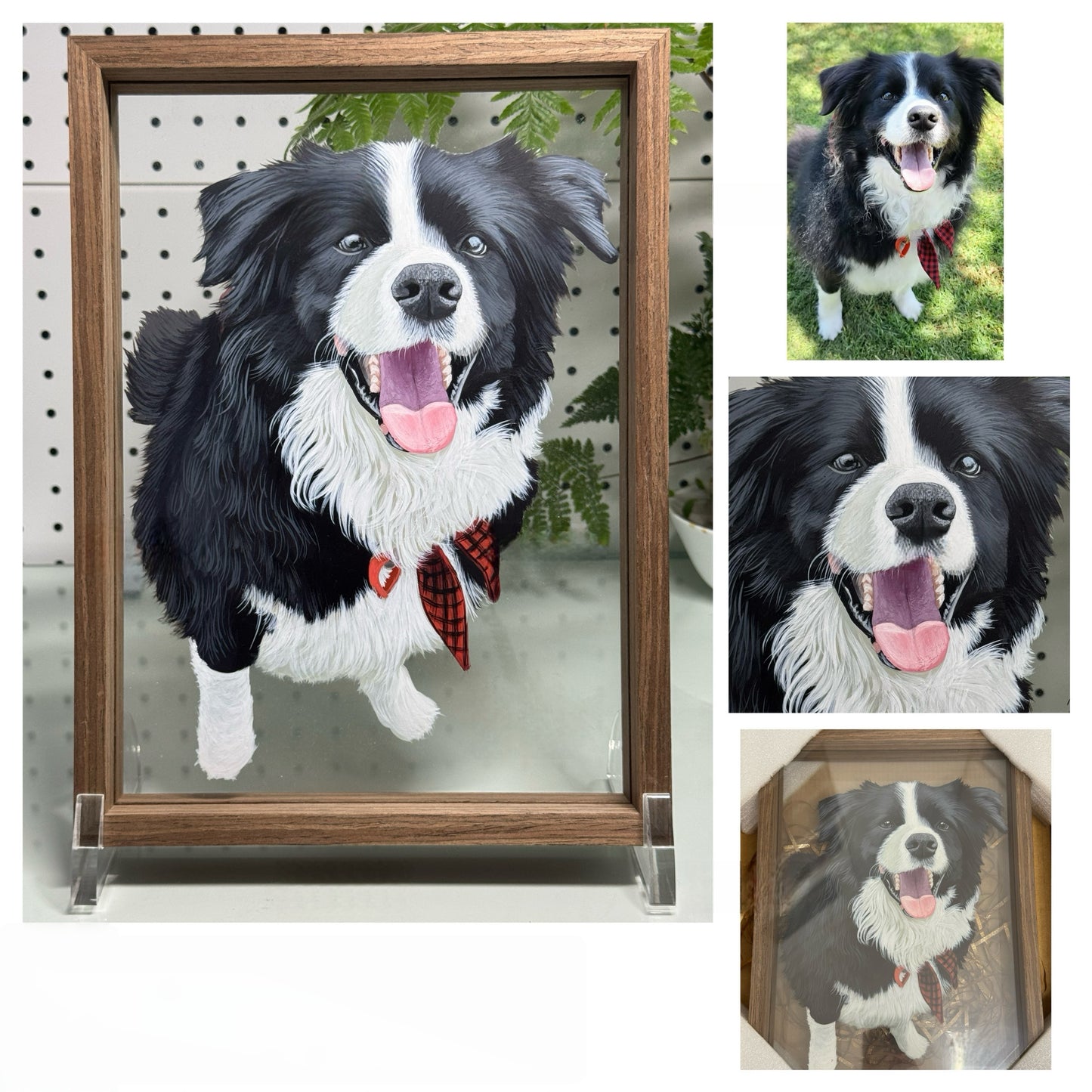 Hand-Painted Pet Portrait on Glass with Wooden Frame-One Pet
