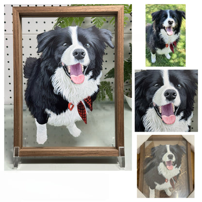 Hand-Painted Pet Portrait on Glass with Wooden Frame-One Pet