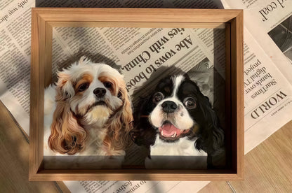 Hand-Painted Pet Portrait on Glass with Wooden Frame-Two Pets