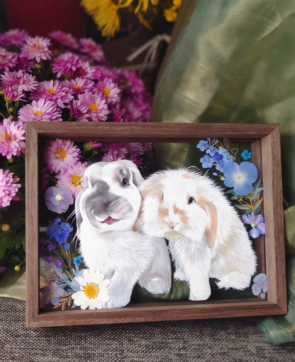 Hand-Painted Pet Portrait on Glass with Wooden Frame-Two Pets