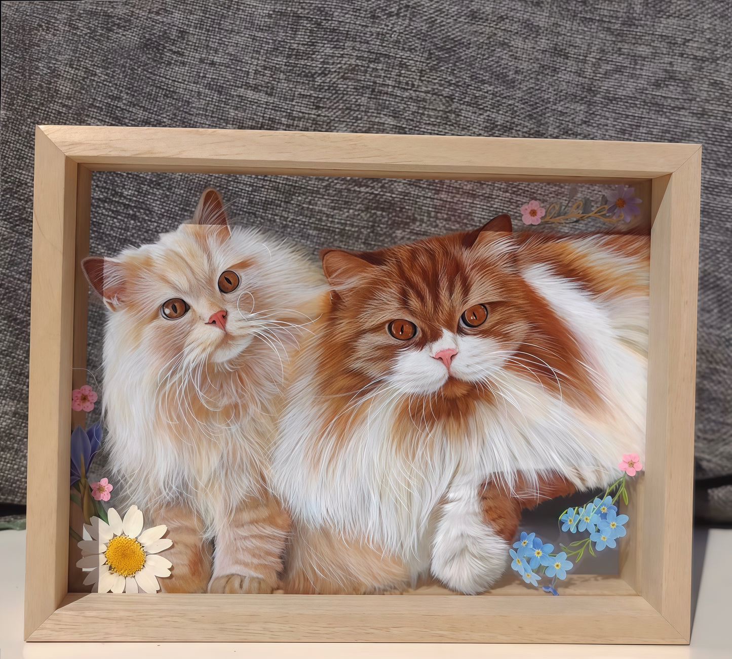 Hand-Painted Pet Portrait on Glass with Wooden Frame-Two Pets