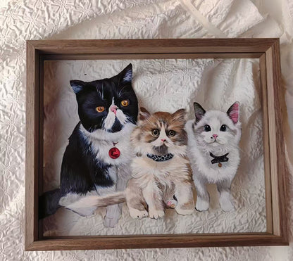 Hand-Painted Pet Portrait on Glass with Wooden Frame-Three Pets