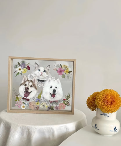 Hand-Painted Pet Portrait on Glass with Wooden Frame-Three Pets