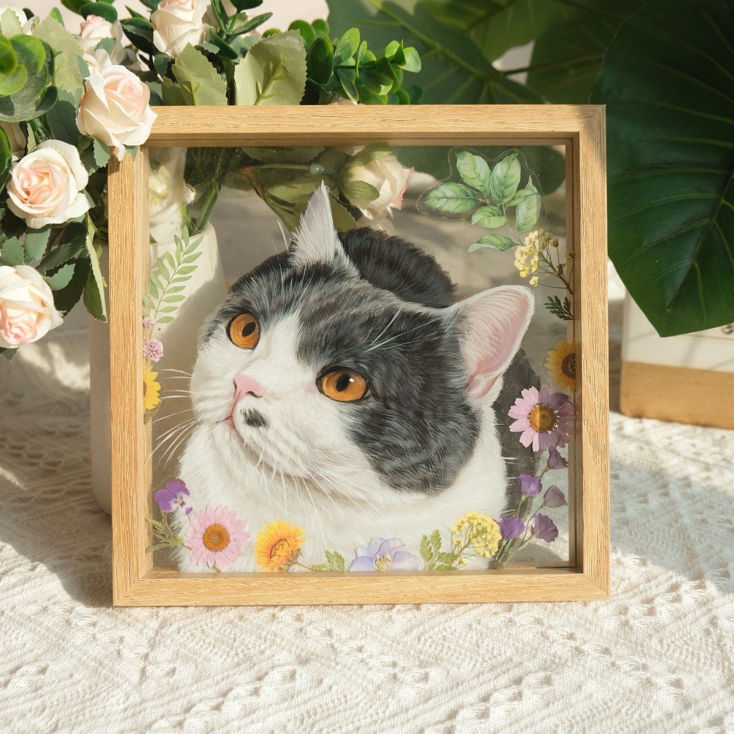 Hand-Painted Pet Portrait on Glass with Wooden Frame-One Pet