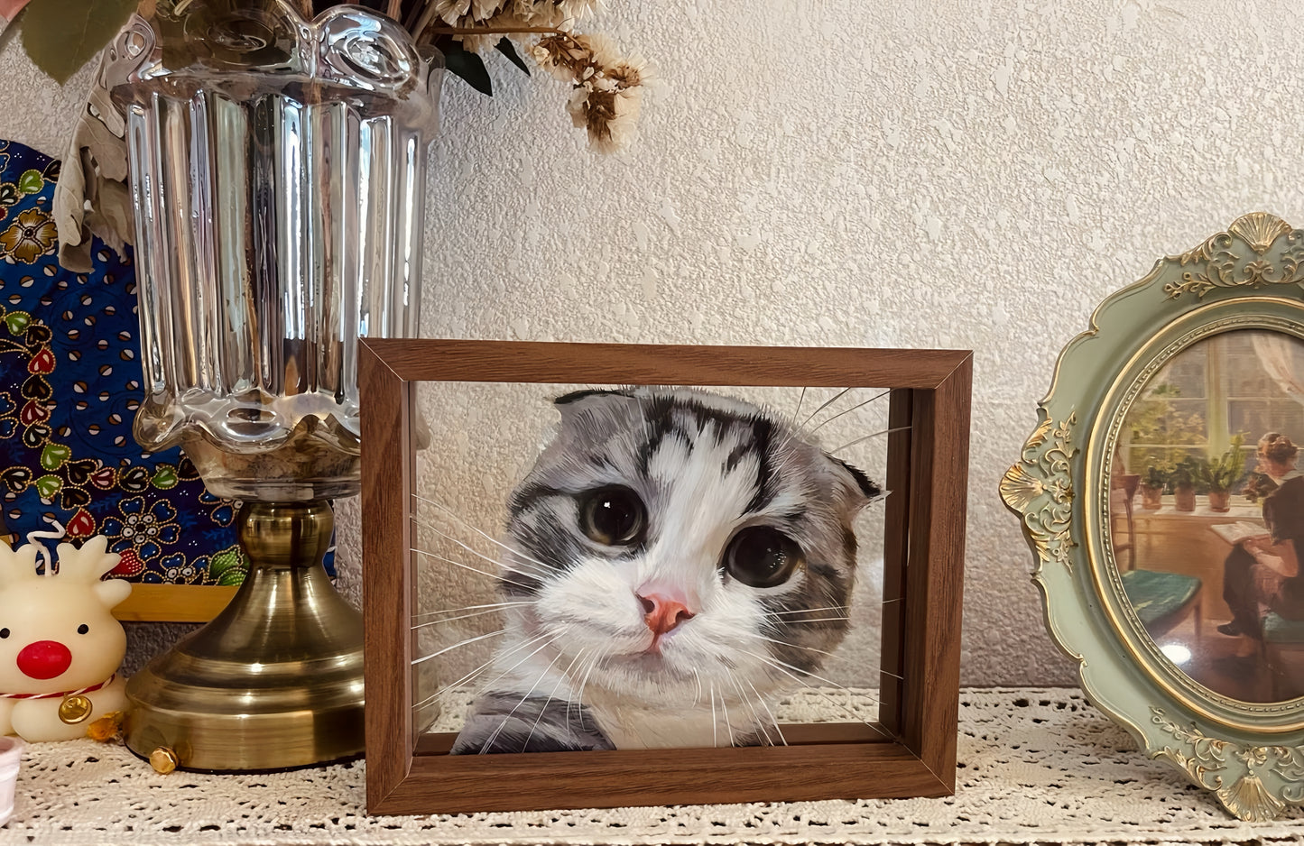 Hand-Painted Pet Portrait on Glass with Wooden Frame-One Pet