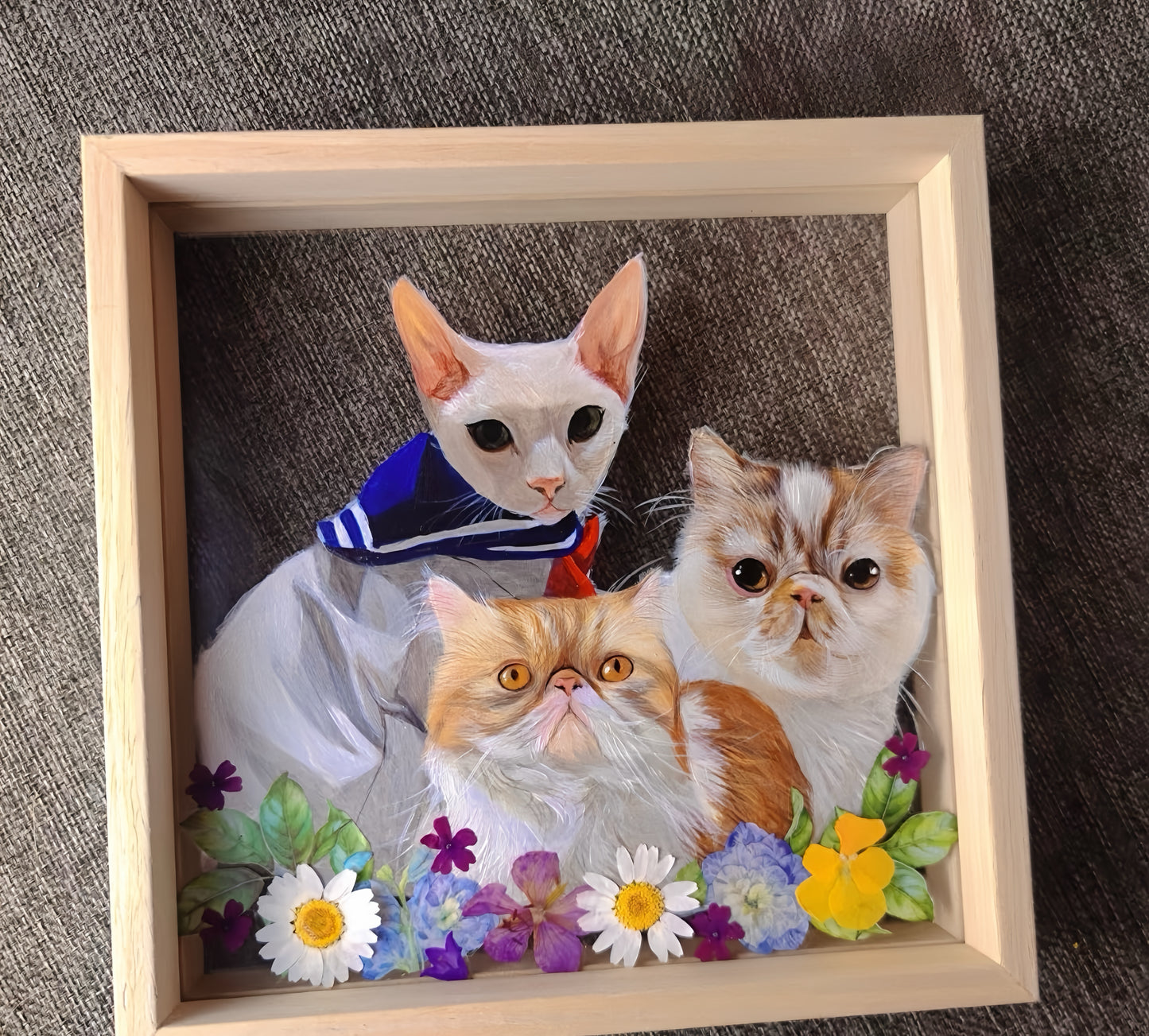Hand-Painted Pet Portrait on Glass with Wooden Frame-Three Pets
