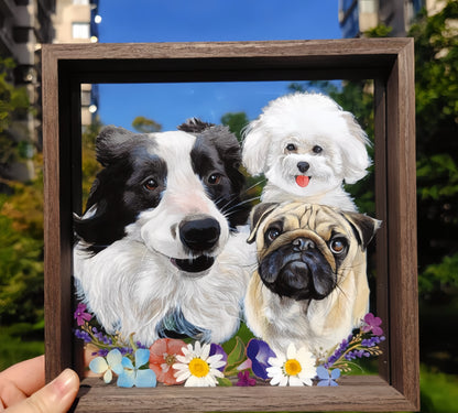 Hand-Painted Pet Portrait on Glass with Wooden Frame-Three Pets