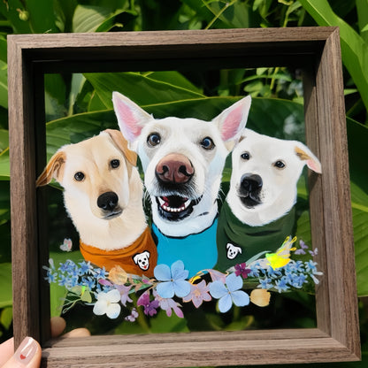 Hand-Painted Pet Portrait on Glass with Wooden Frame-Three Pets