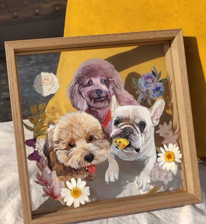 Hand-Painted Pet Portrait on Glass with Wooden Frame-Three Pets