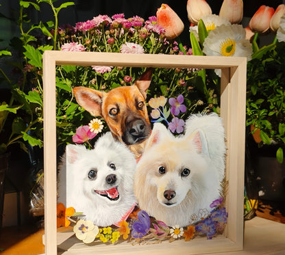 Hand-Painted Pet Portrait on Glass with Wooden Frame-Three Pets