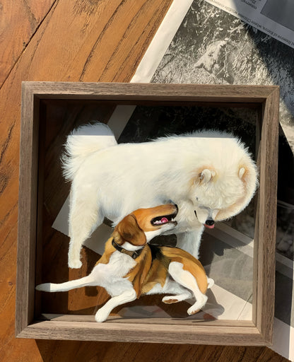 Hand-Painted Pet Portrait on Glass with Wooden Frame-Two Pets
