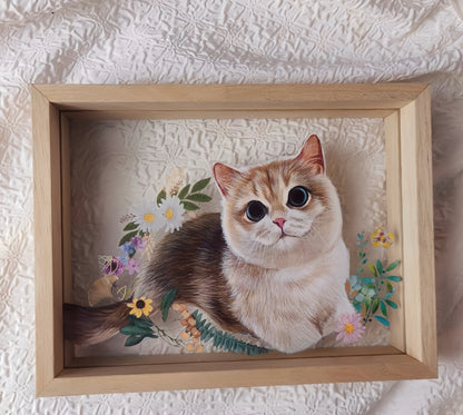 Hand-Painted Pet Portrait on Glass with Wooden Frame-One Pet