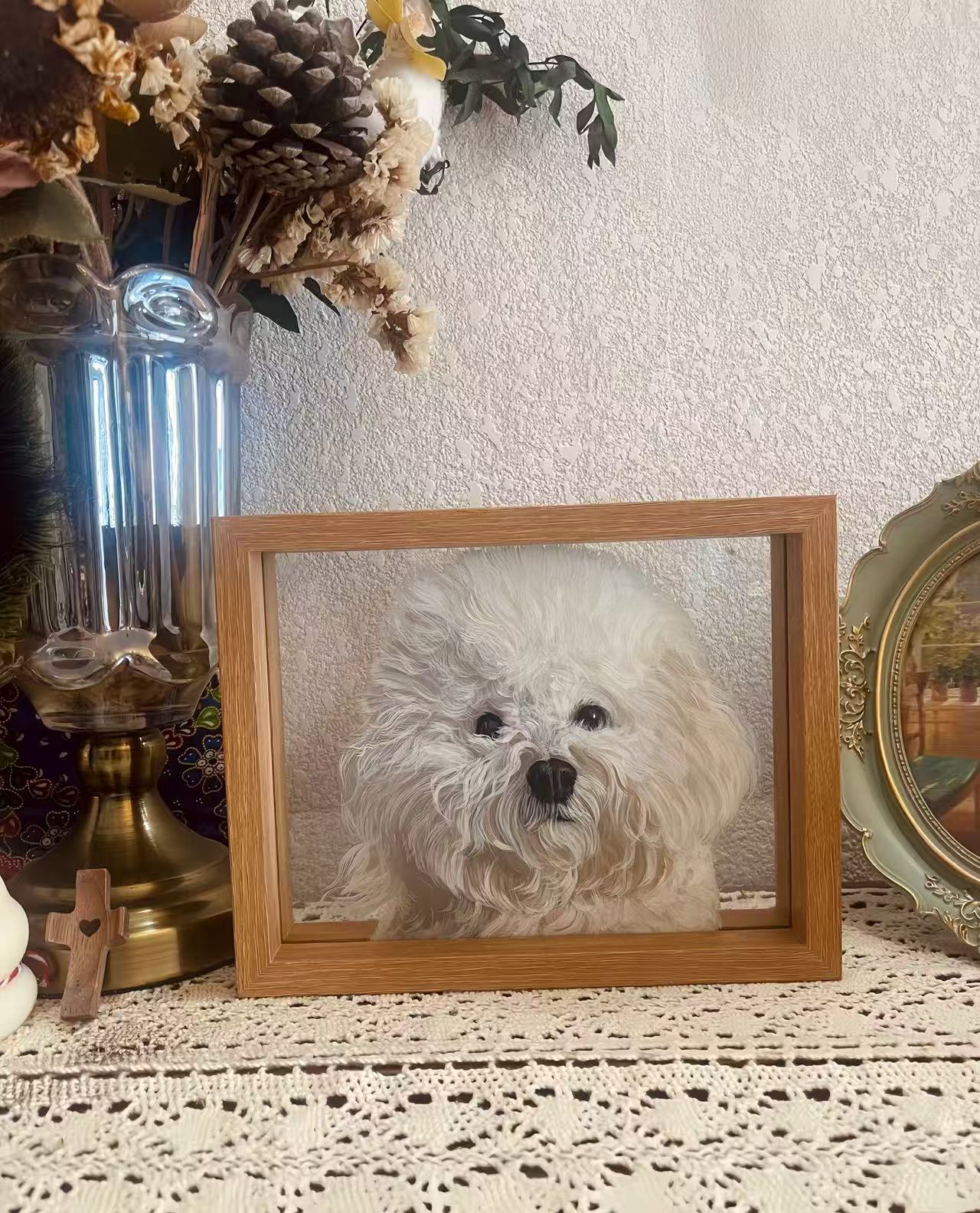 Hand-Painted Pet Portrait on Glass with Wooden Frame-One Pet