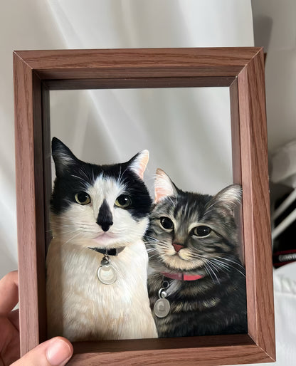 Hand-Painted Pet Portrait on Glass with Wooden Frame-Two Pets