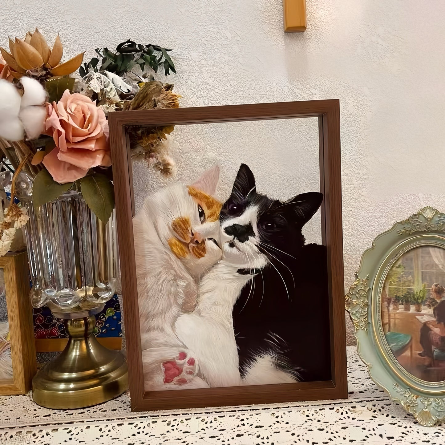 Hand-Painted Pet Portrait on Glass with Wooden Frame-Two Pets