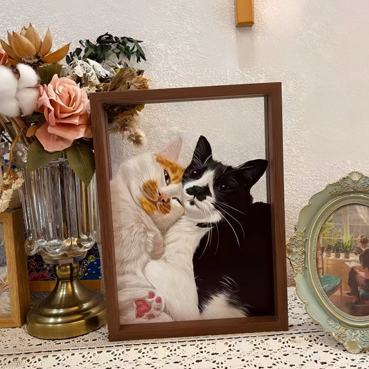 Hand-Painted Pet Portrait on Glass with Wooden Frame-Two Pets