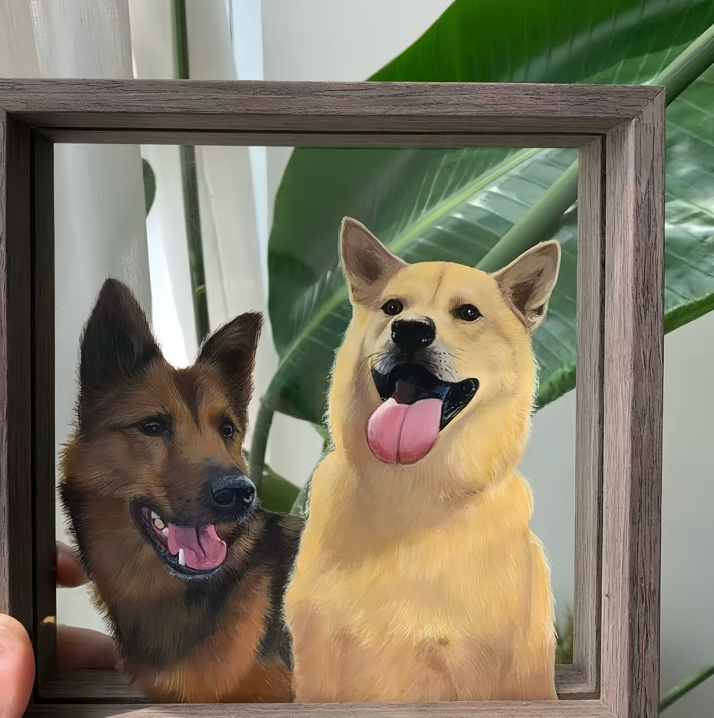 Hand-Painted Pet Portrait on Glass with Wooden Frame-Two Pets