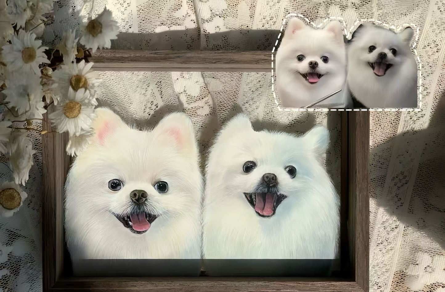 Hand-Painted Pet Portrait on Glass with Wooden Frame-Two Pets