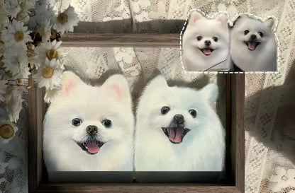 Hand-Painted Pet Portrait on Glass with Wooden Frame-Two Pets