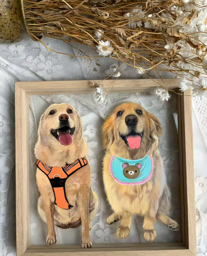 Hand-Painted Pet Portrait on Glass with Wooden Frame-Two Pets