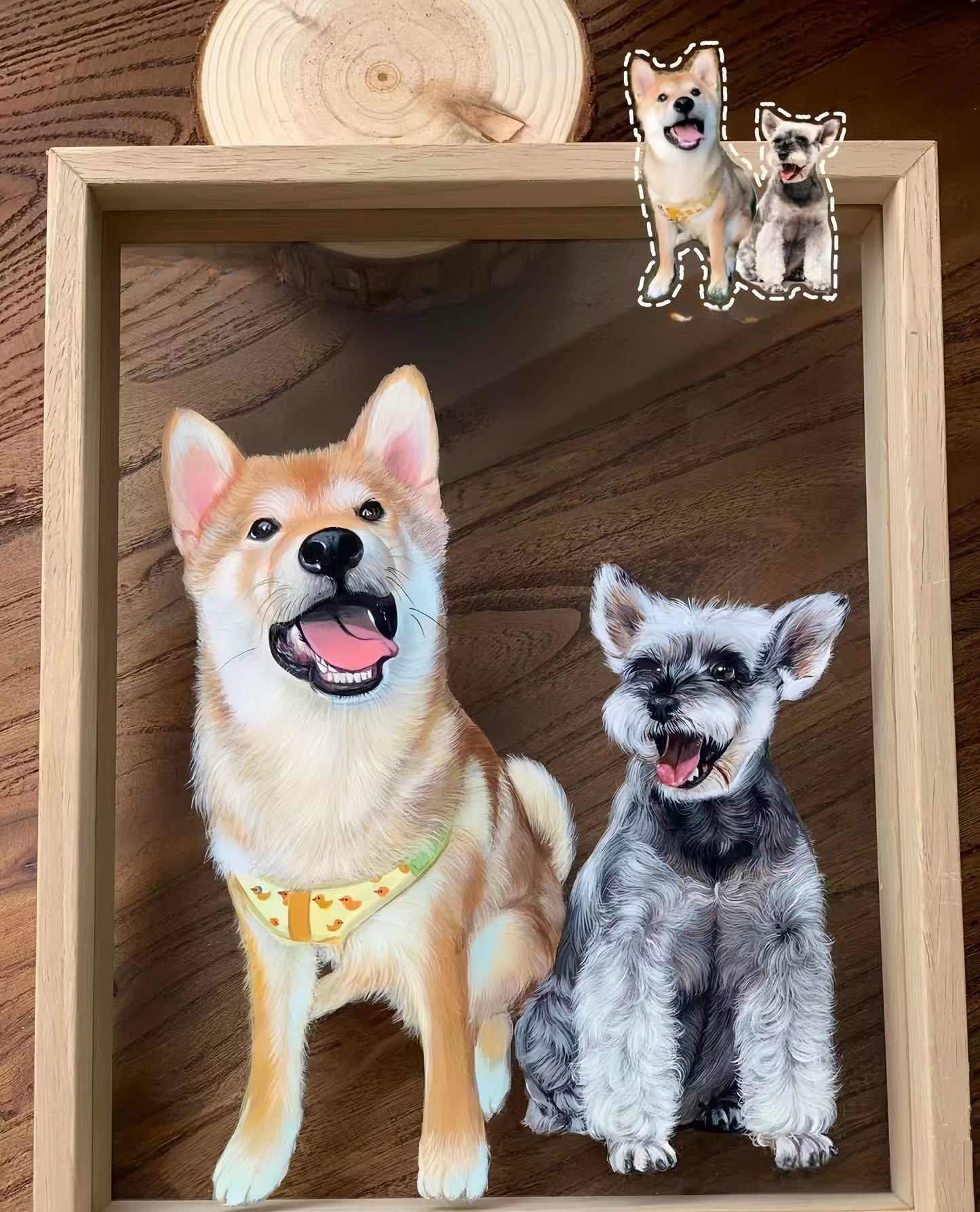 Hand-Painted Pet Portrait on Glass with Wooden Frame-Two Pets