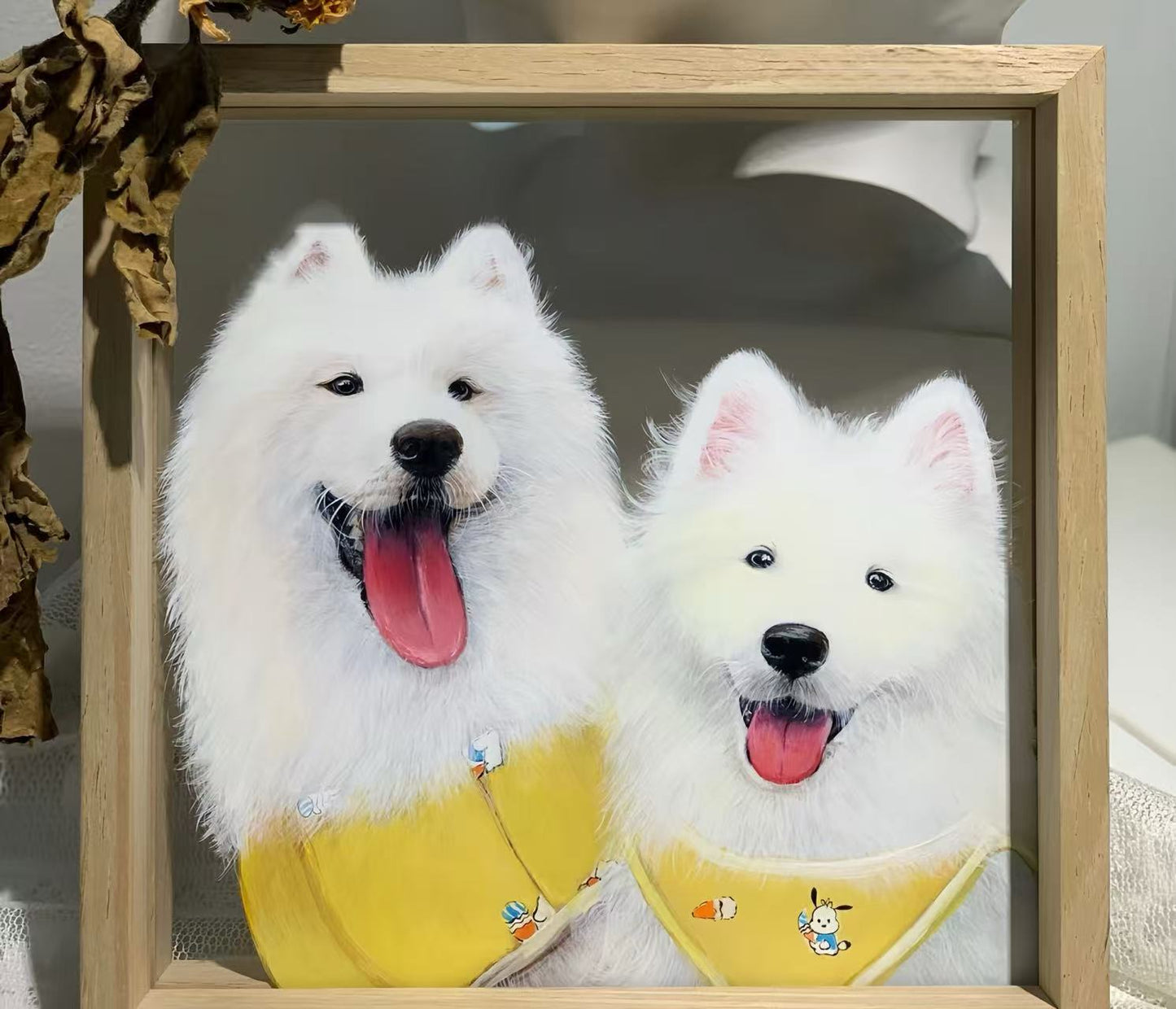Hand-Painted Pet Portrait on Glass with Wooden Frame-Two Pets