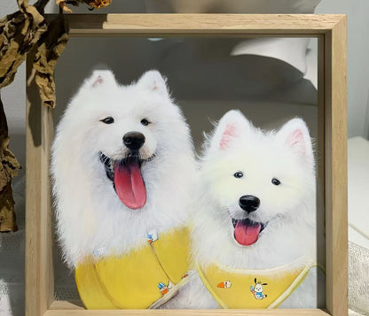 Hand-Painted Pet Portrait on Glass with Wooden Frame-Two Pets