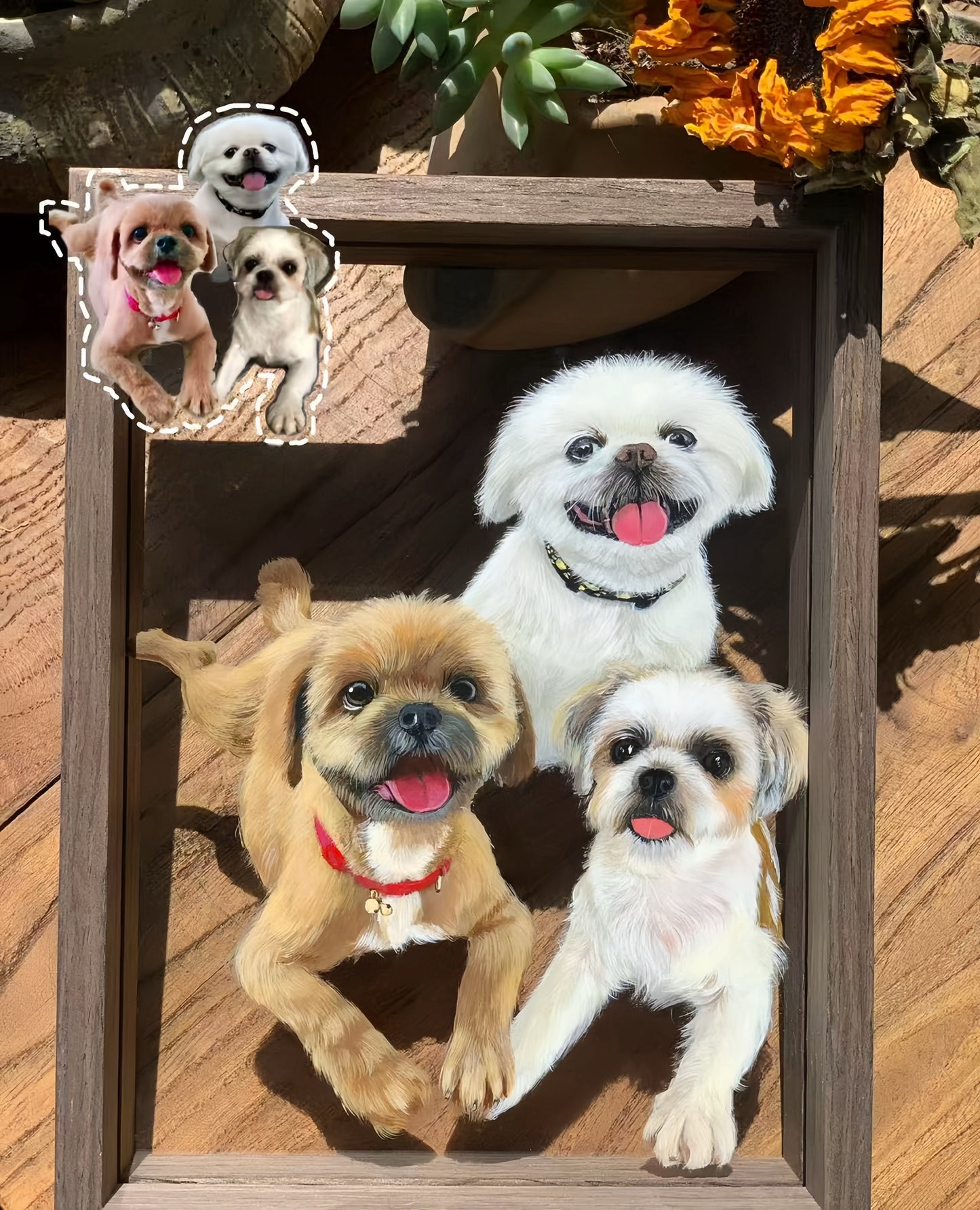 Hand-Painted Pet Portrait on Glass with Wooden Frame-Three Pets