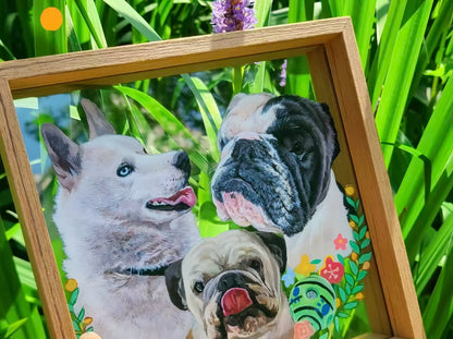 Hand-Painted Pet Portrait on Glass with Wooden Frame-Three Pets
