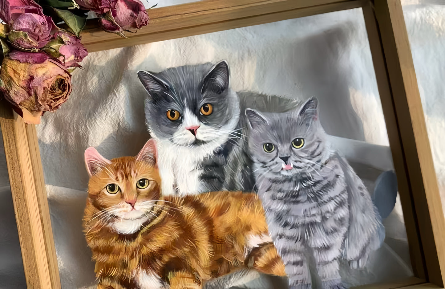 Hand-Painted Pet Portrait on Glass with Wooden Frame-Three Pets