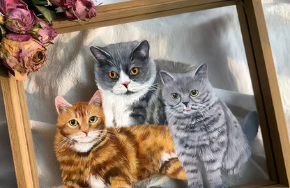 Hand-Painted Pet Portrait on Glass with Wooden Frame-Three Pets