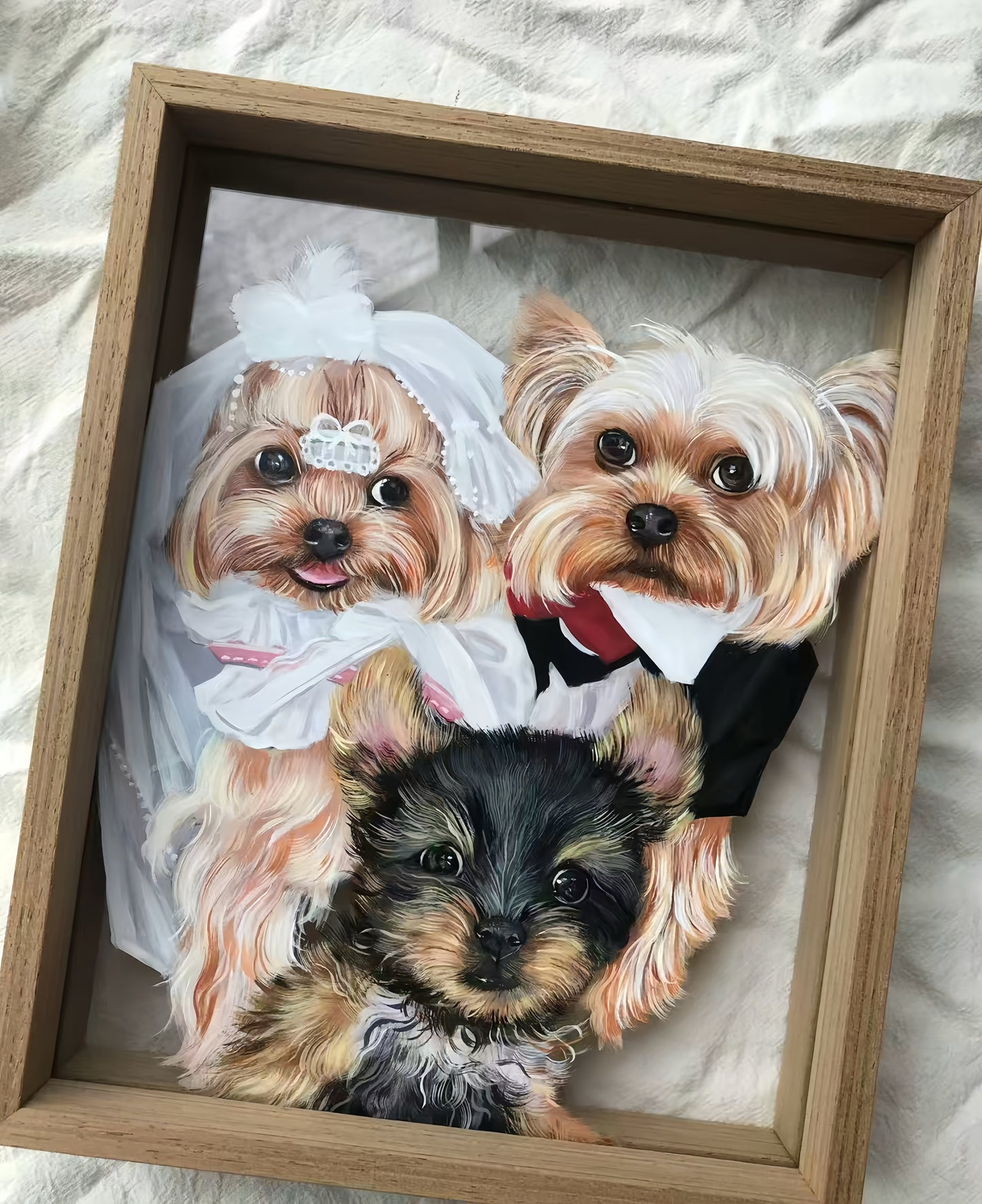Hand-Painted Pet Portrait on Glass with Wooden Frame-Three Pets