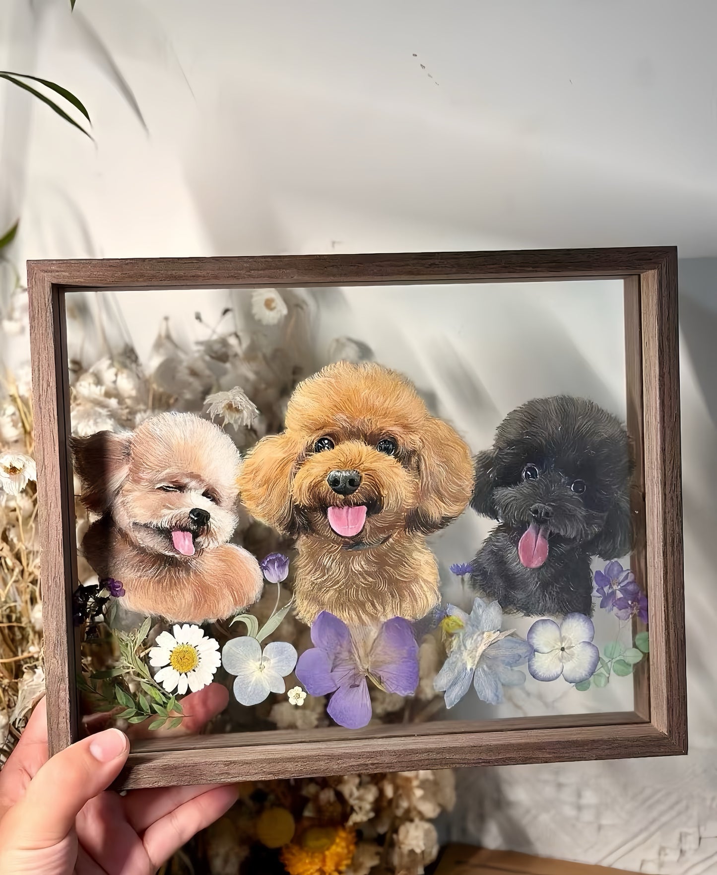 Hand-Painted Pet Portrait on Glass with Wooden Frame-Three Pets