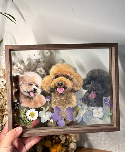 Hand-Painted Pet Portrait on Glass with Wooden Frame-Three Pets