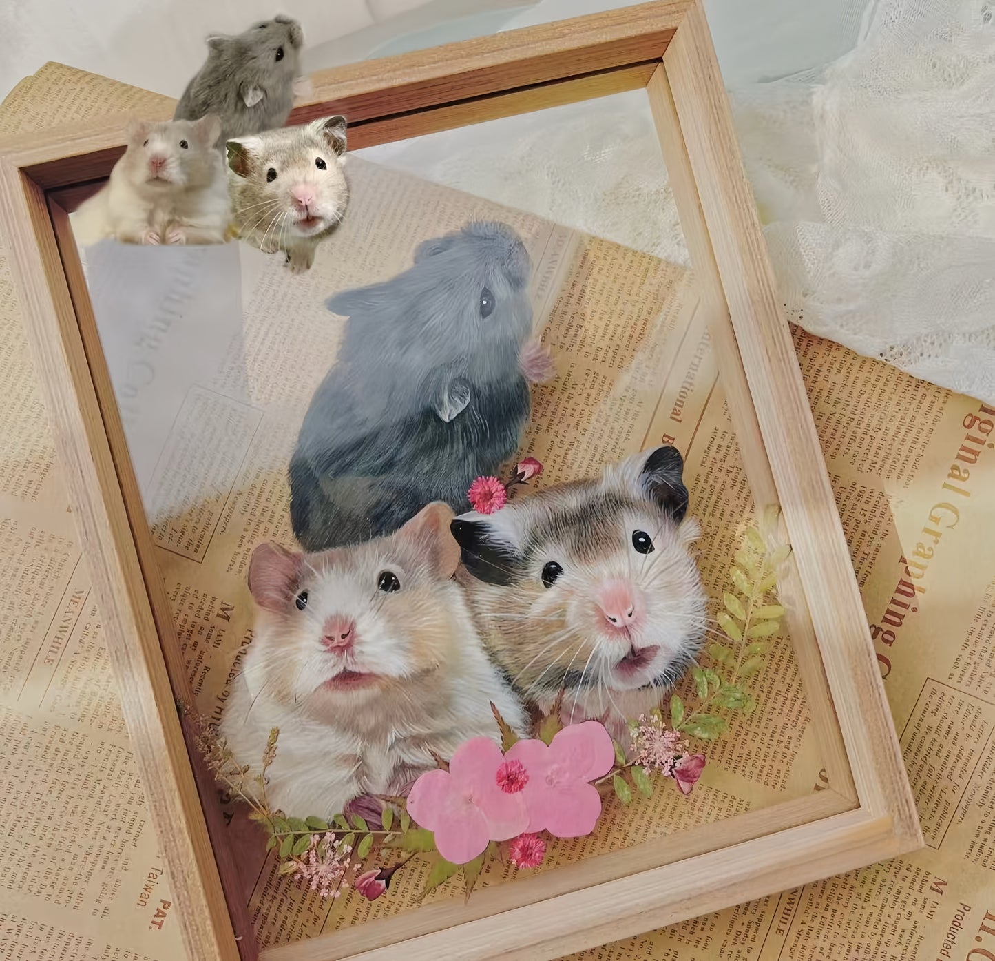 Hand-Painted Pet Portrait on Glass with Wooden Frame-Three Pets