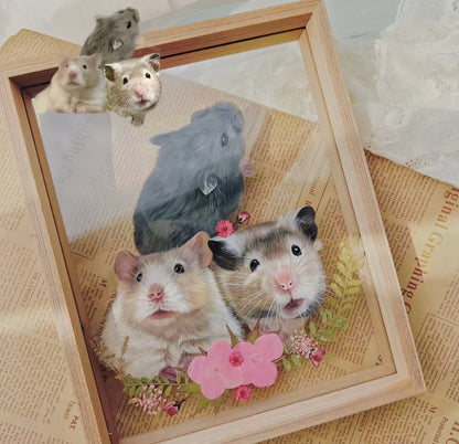 Hand-Painted Pet Portrait on Glass with Wooden Frame-Three Pets