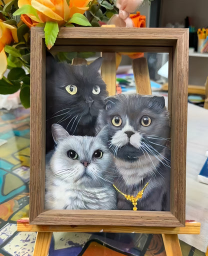 Hand-Painted Pet Portrait on Glass with Wooden Frame-Three Pets