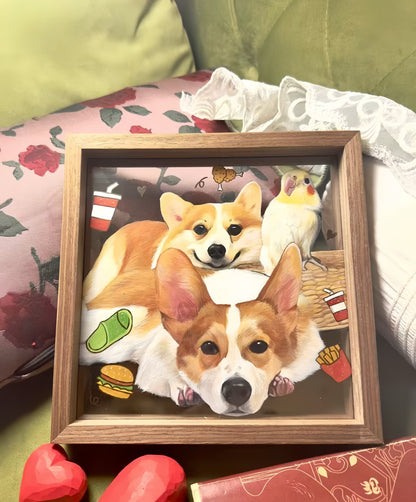 Hand-Painted Pet Portrait on Glass with Wooden Frame-Three Pets