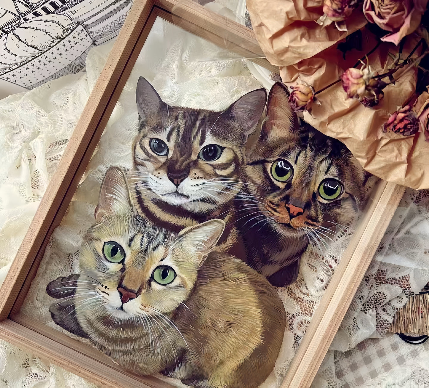 Hand-Painted Pet Portrait on Glass with Wooden Frame-Three Pets