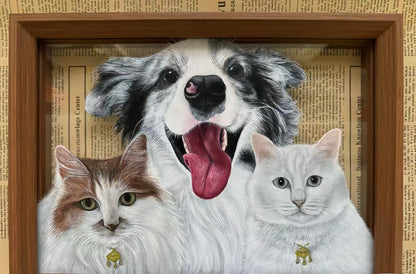 Hand-Painted Pet Portrait on Glass with Wooden Frame-Three Pets