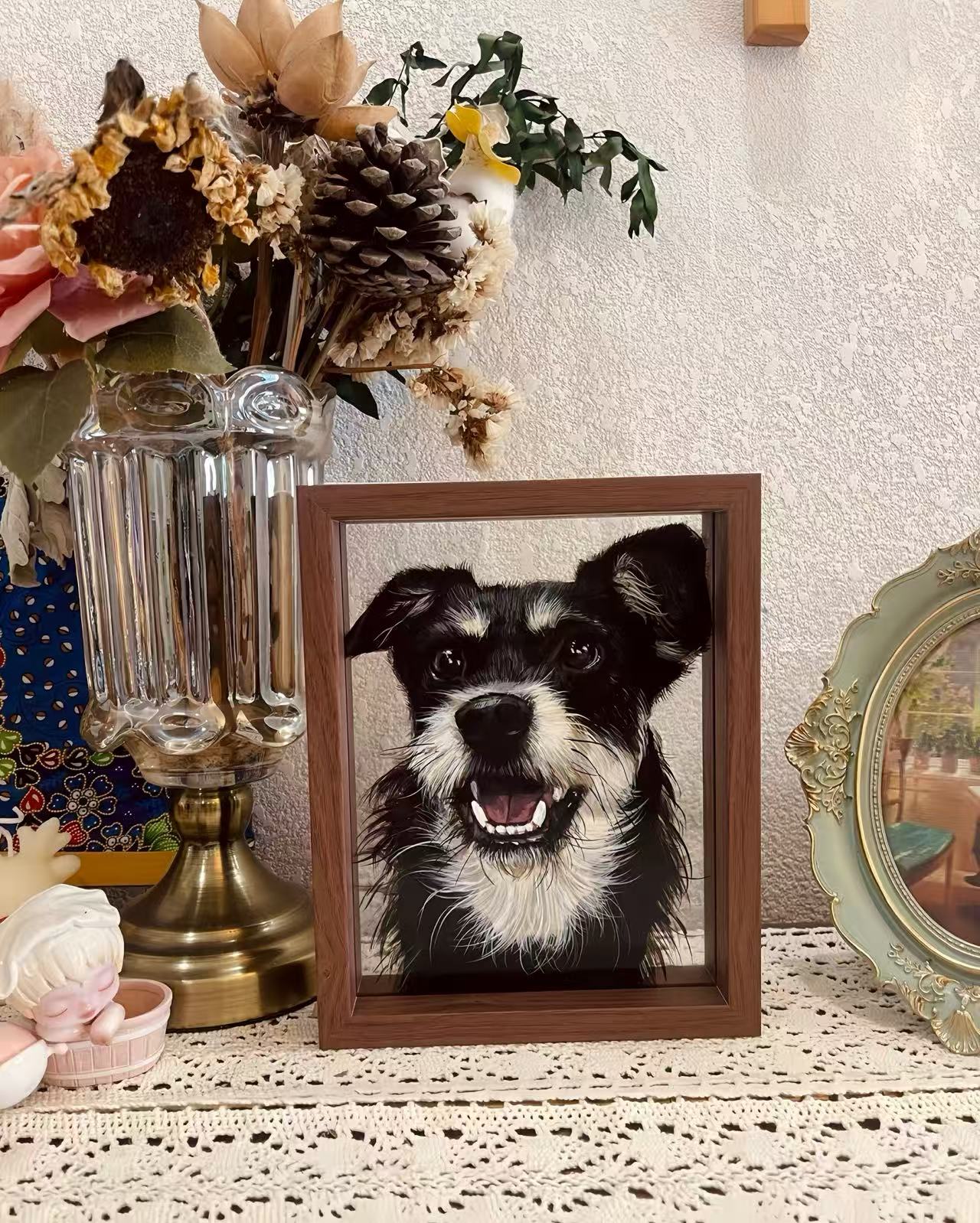 Hand-Painted Pet Portrait on Glass with Wooden Frame-One Pet