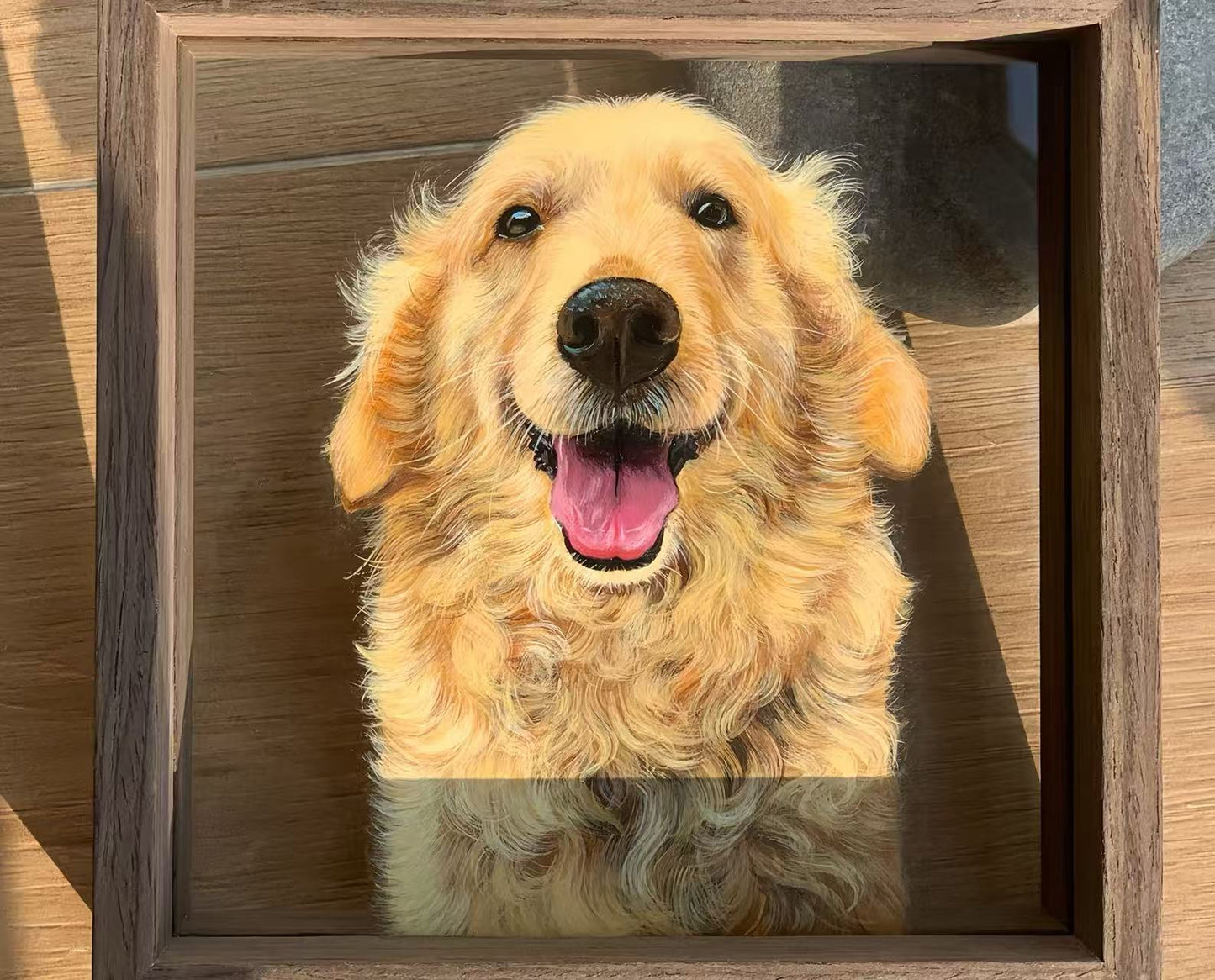 Hand-Painted Pet Portrait on Glass with Wooden Frame-One Pet