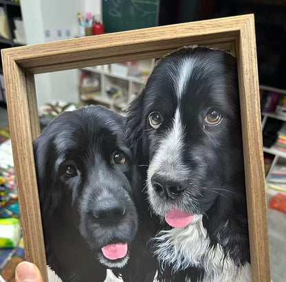 Hand-Painted Pet Portrait on Glass with Wooden Frame-Two Pets